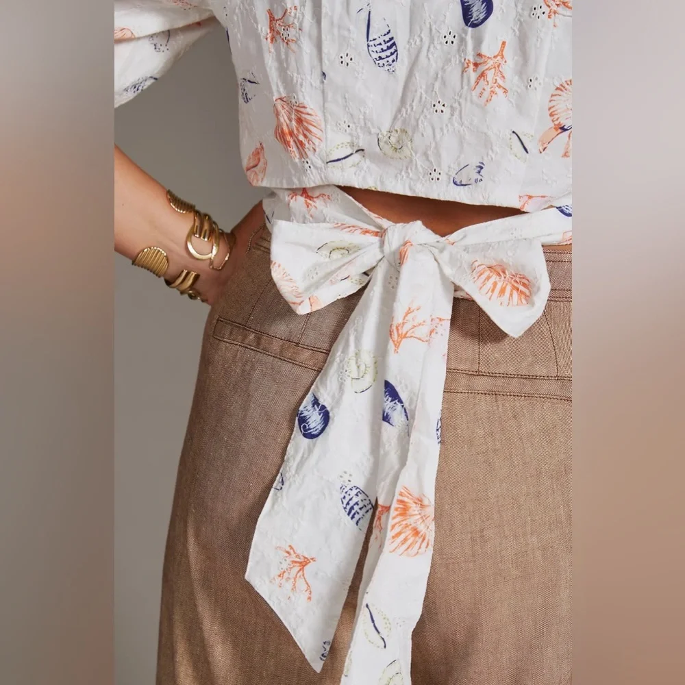 Seashell Embroidered Eyelet Puff-Sleeve Wrap Top